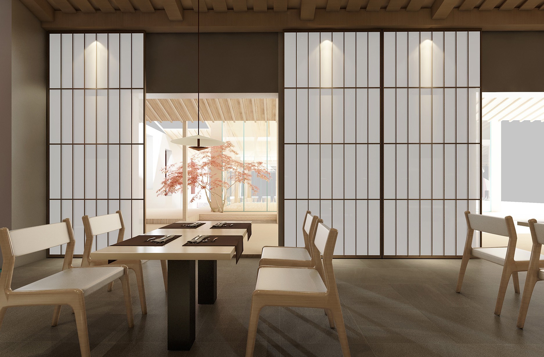 FERRARA SUSHI 日式隔断与餐桌区域渲染图