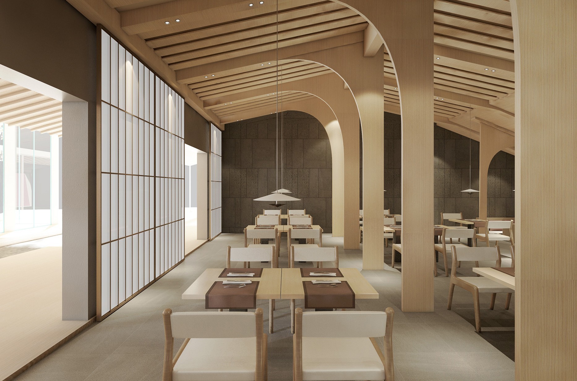 FERRARA SUSHI 木质拱形界面与用餐区渲染图