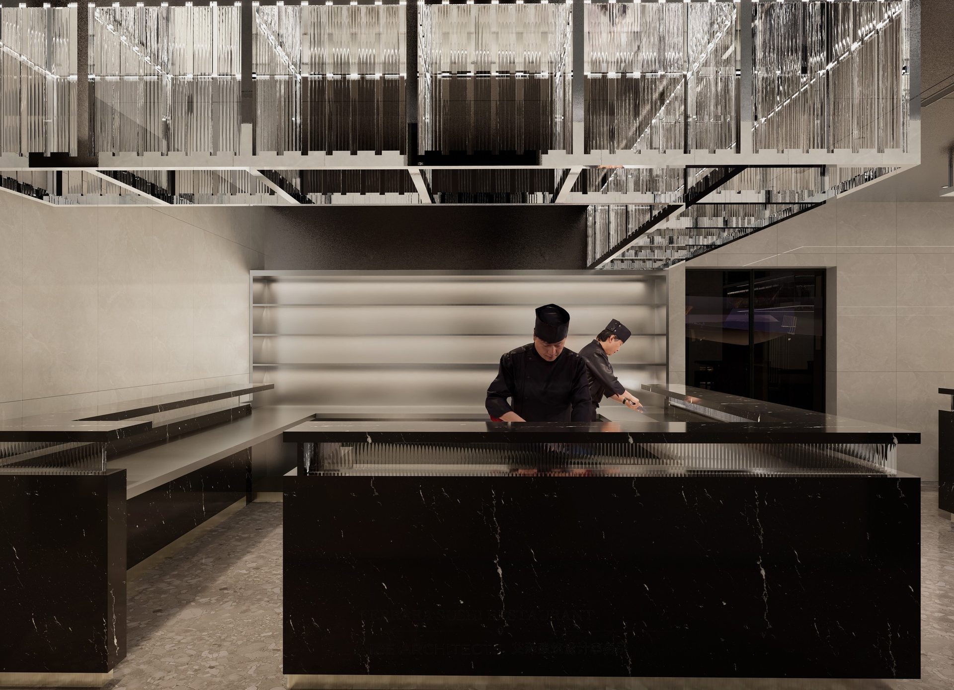 FERRARA SUSHI 吧台区域、吊架与灯光渲染图