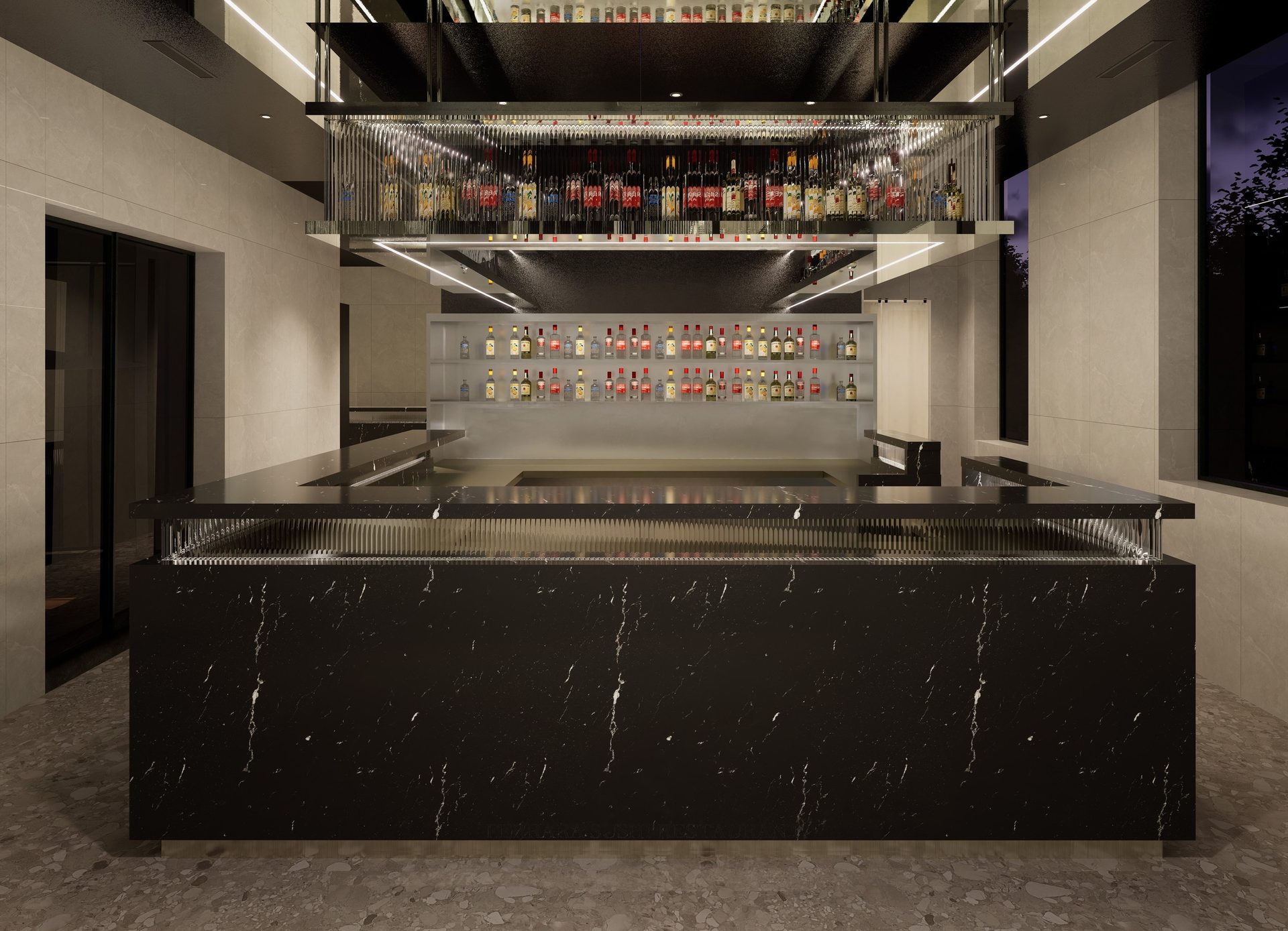 FERRARA SUSHI 酒水展示与吧台正面渲染图