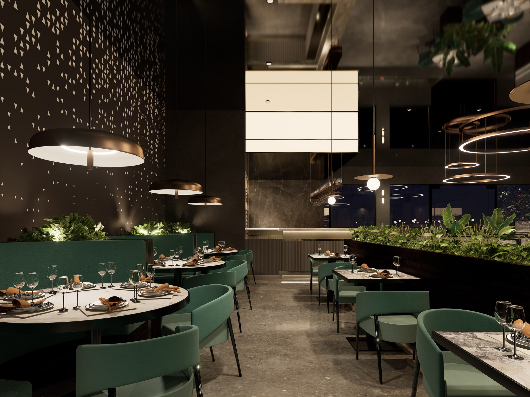 MIZUMI SUSHI 餐桌区与吊灯效果图