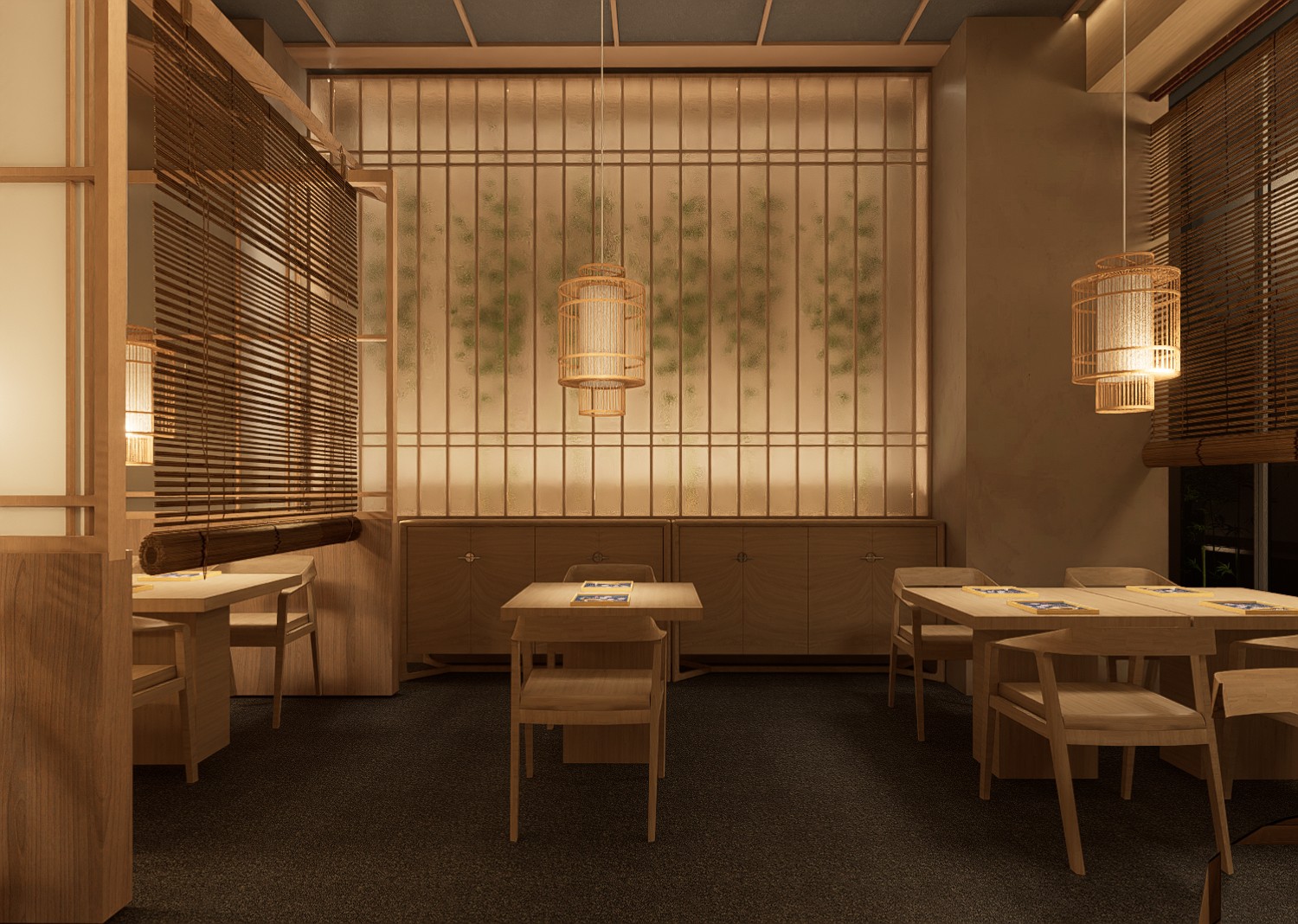 WANG IZAKAYA 吧台与红色暖帘室内渲染图