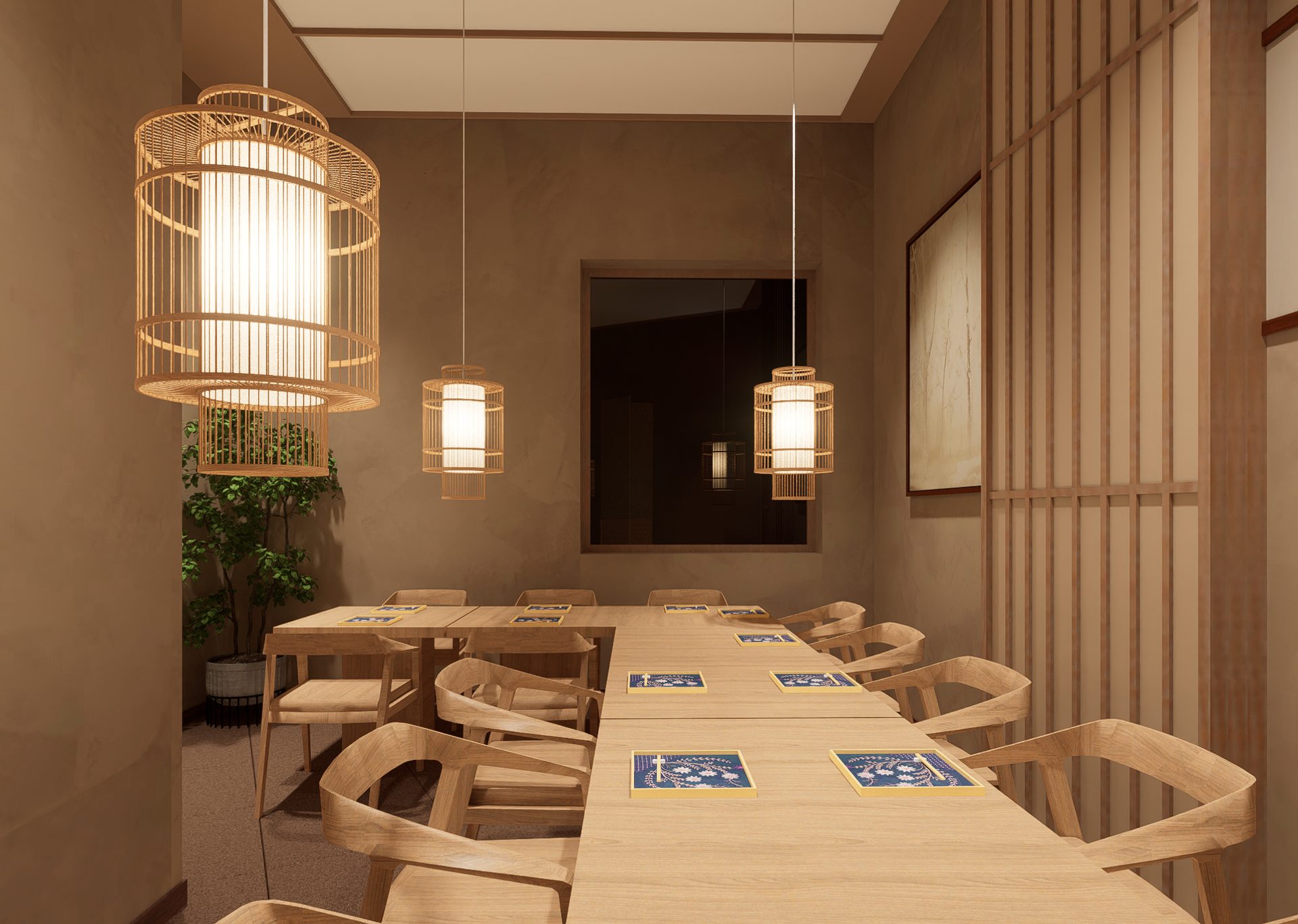 WANG IZAKAYA 半透格栅墙与餐桌灯光渲染图