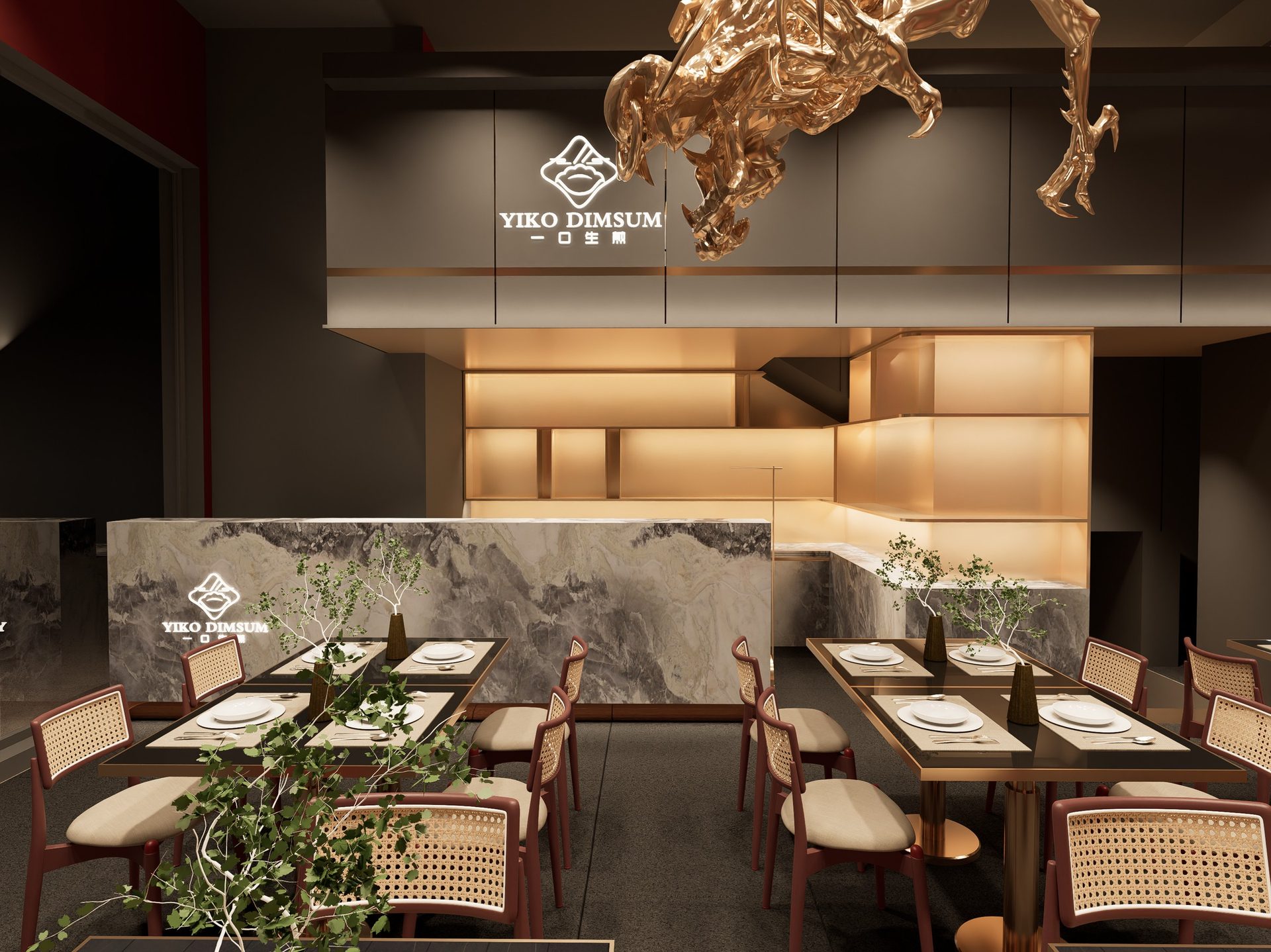 YIKO DIMSUM 中式餐厅室内渲染主图