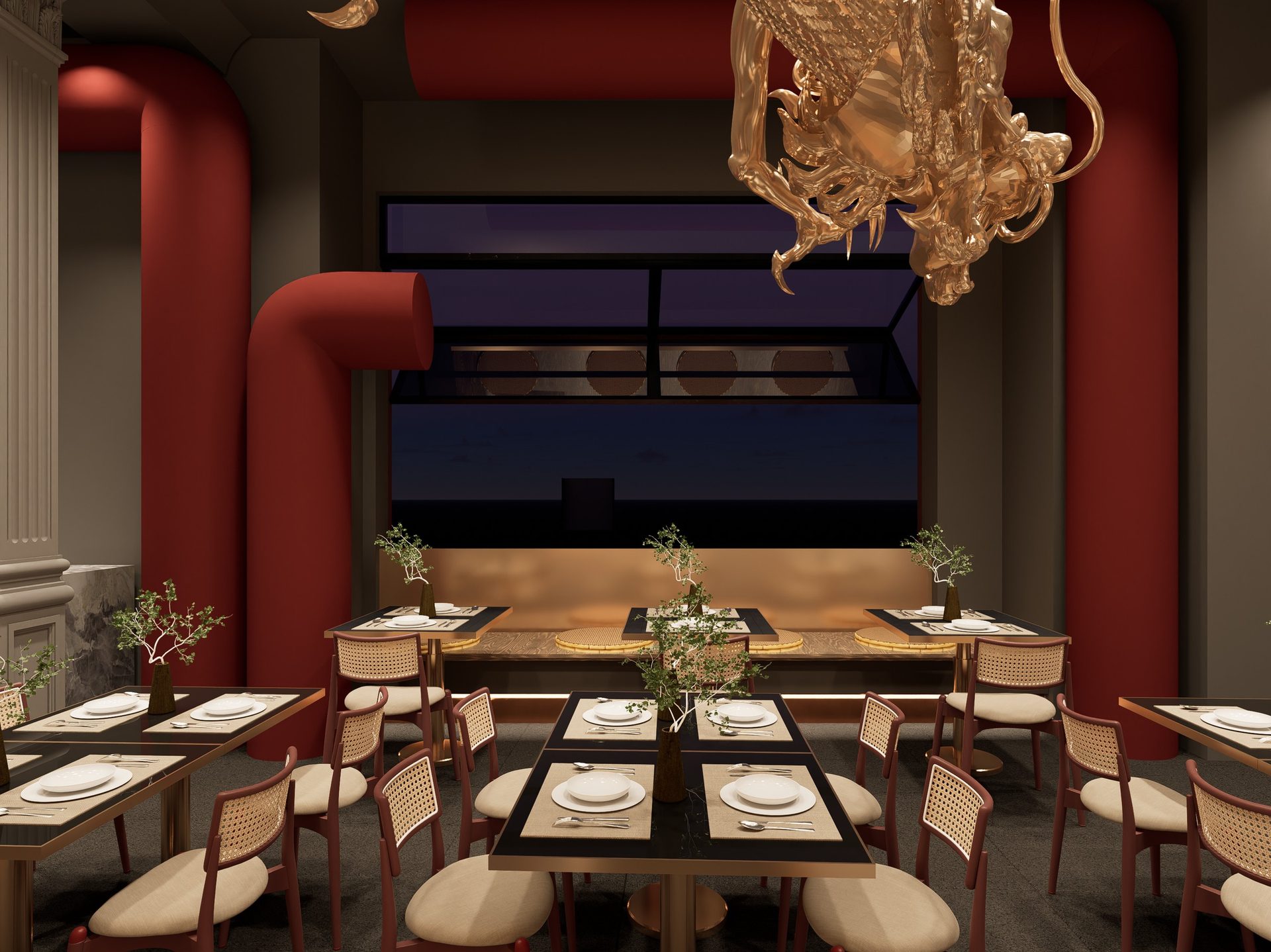 YIKO DIMSUM 餐厅红色体块与卡座区域渲染图